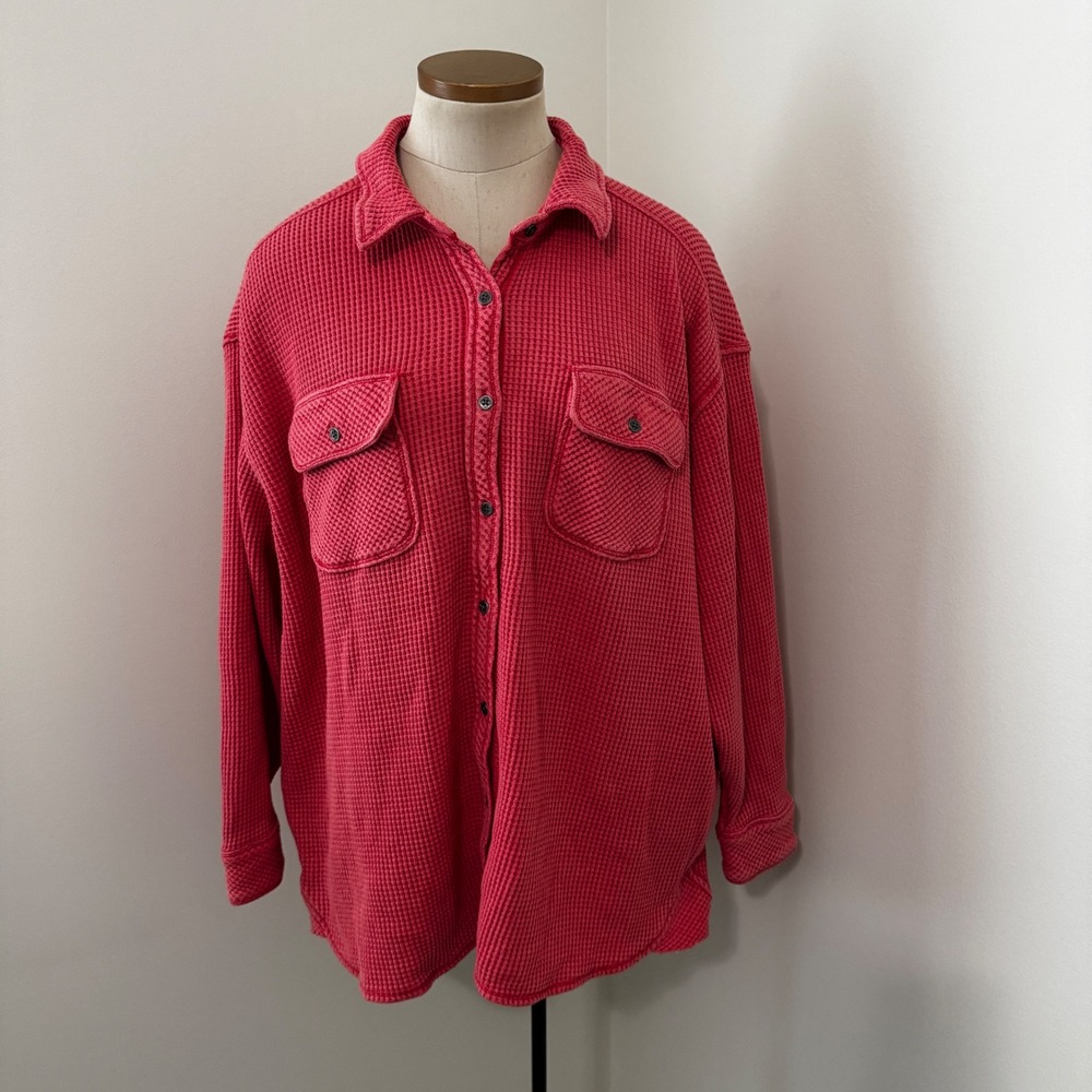 Aerie Medium Lumber Jane Button Down Waffle Knit Oversized Top Pink Slouchy
